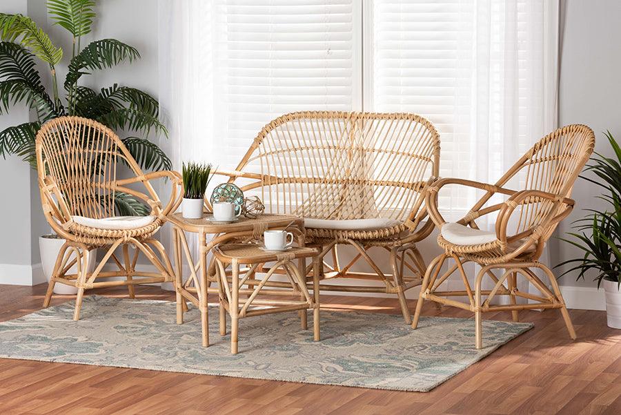 Wholesale Interiors Living Room Sets - Jayden White Fabric Upholstered and Natural Brown Finished Rattan 5-Piece Living Room Set