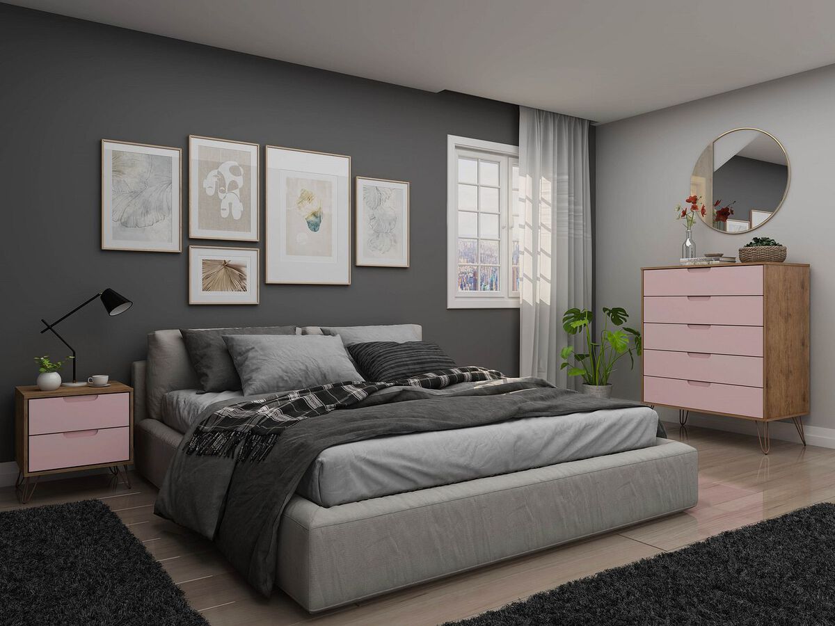 Manhattan Comfort Bedroom Sets - Rockefeller Nature & Rose Pink 5-Drawer Dresser & 2-Drawer Nightstand Set