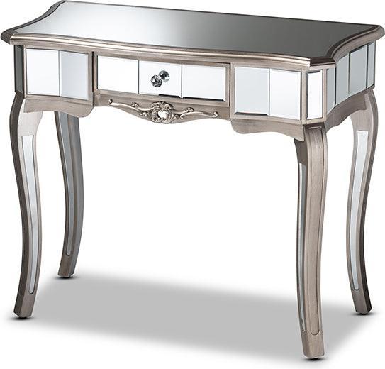 Wholesale Interiors Consoles - Elgin Glam and Luxe Brushed Silver Finished Wood and Mirrored Glass 1-Drawer Console Table