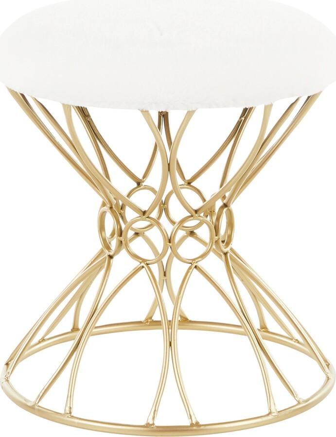 Lumisource Bedroom Vanity - Jasmine Contemporary Vanity Stool in Gold Metal and White Plush Fabric