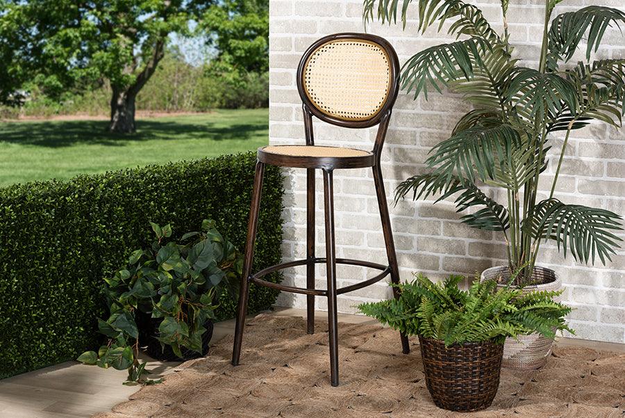 Wholesale Interiors Outdoor Dining Chairs - Thalia Mid-Century Modern Dark Brown Finished Metal and Synthetic Rattan Outdoor Bar Stool