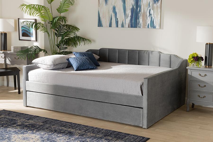 Wholesale Interiors Daybeds - Lennon Grey Velvet Fabric Upholstered Queen Size Daybed with Trundle