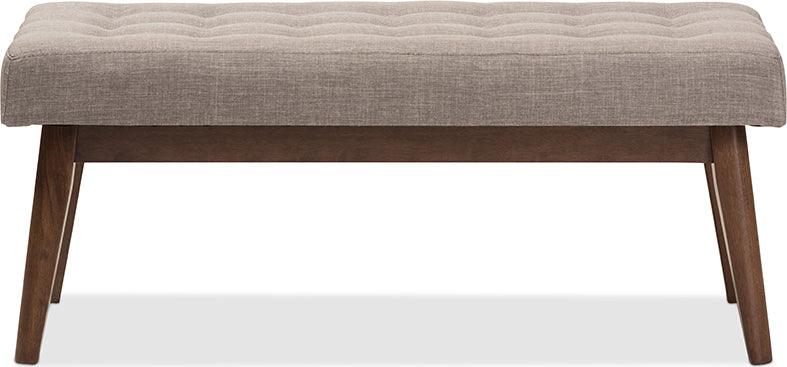 Wholesale Interiors Benches - Elia Mid-Century Modern Walnut Wood Light Grey Fabric Button-Tufted Bench