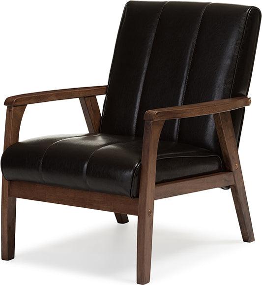 Wholesale Interiors Accent Chairs - Nikko Mid-century Modern Dark Brown Faux Leather Wooden Lounge Chair