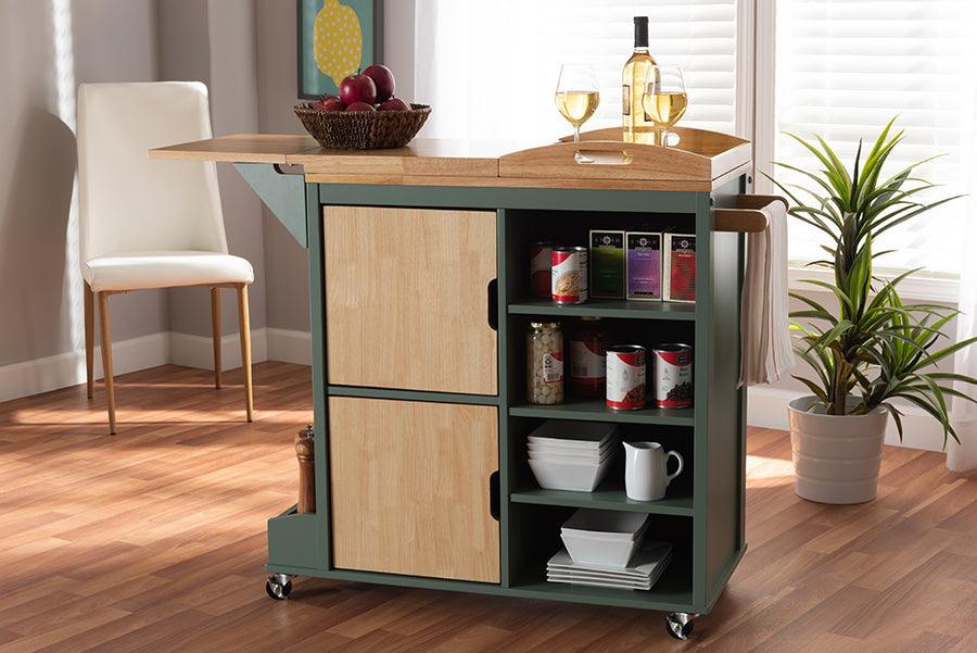 Wholesale Interiors Bar Units & Wine Cabinets - Dorthy Two-tone Dark Green & Natural Wood Kitchen Storage Cart