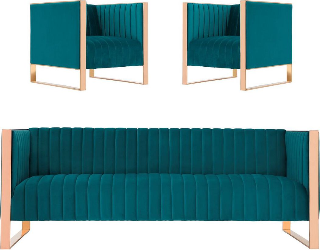 Manhattan Comfort Living Room Sets - Trillium 3-Piece Teal and Rose Gold Sofa and Armchair Set