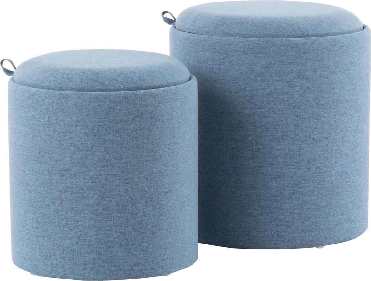 Lumisource Living Room Sets - Tray Contemporary Nesting Ottoman Set in Blue Fabric and Natural Wood