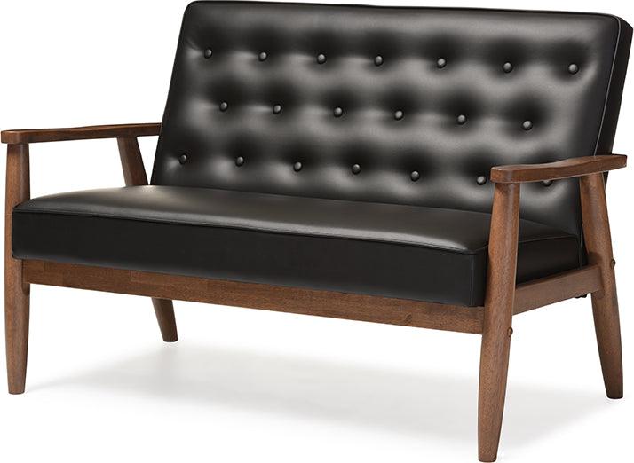 Wholesale Interiors Loveseats - Sorrento Mid-Century Retro Modern Black Faux Leather Upholstered Wooden 2-Seater Loveseat