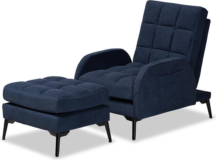 Wholesale Interiors Living Room Sets - Belden Modern Blue Velvet and Black Metal 2-Piece Recliner Chair and Ottoman Set