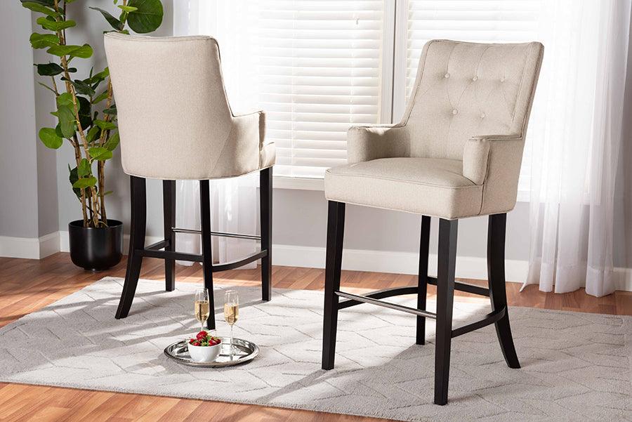 Wholesale Interiors Barstools - Aldon Light Beige Fabric Upholstered and Dark Brown Finished Wood 2-Piece Bar Stool Set