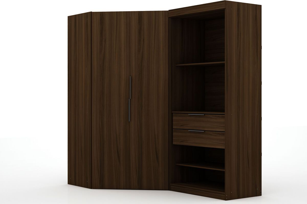 Manhattan Comfort Cabinets & Wardrobes - Mulberry 2.0 Semi Open 2 Sectional Modern Wardrobe Corner Closet with 2 Drawers - Set of 2 in Brown