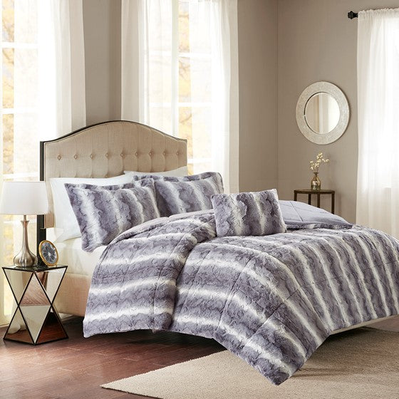 Olliix.com Comforters & Blankets - 4PC Faux Fur Comforter Set Grey King