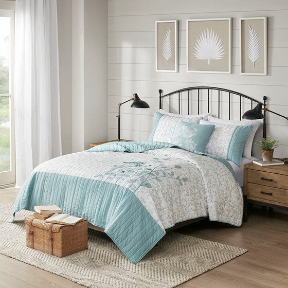 Olliix.com Coverlet - 4 Piece Embroidered Microfiber Quilt Set with Throw Pillow Blue Full/Queen