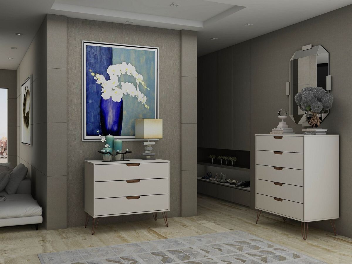 Manhattan Comfort Bedroom Sets - Rockefeller Tall 5-Drawer Dresser and 3-Drawer Dresser Off White & Nature