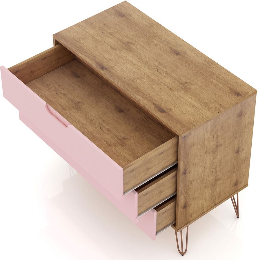 Manhattan Comfort Bedroom Sets - Rockefeller Mic Century- Modern Dresser & Nightstand with Drawers- Set of 2 in Nature & Rose Pink
