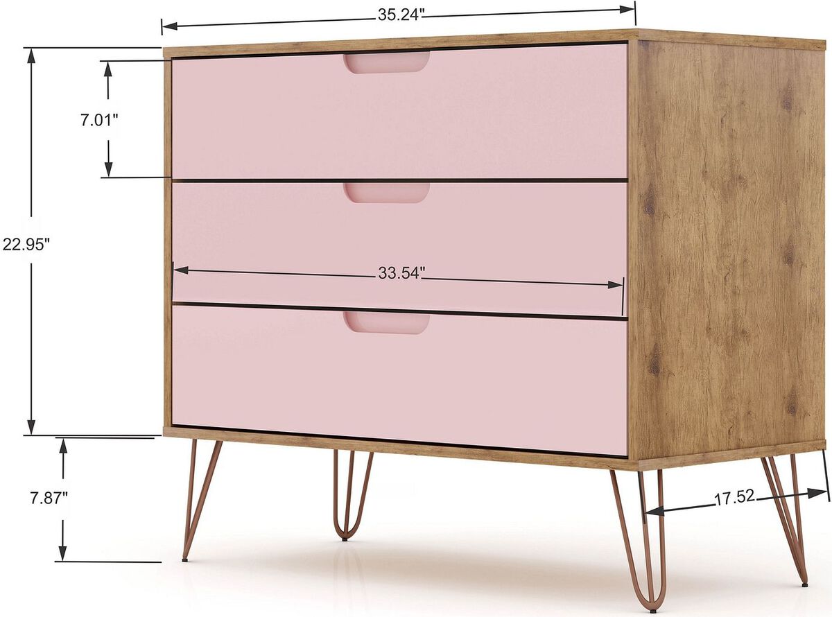 Manhattan Comfort Bedroom Sets - Rockefeller 3 Piece Bedroom Set Dressers Nature & Rose Pink
