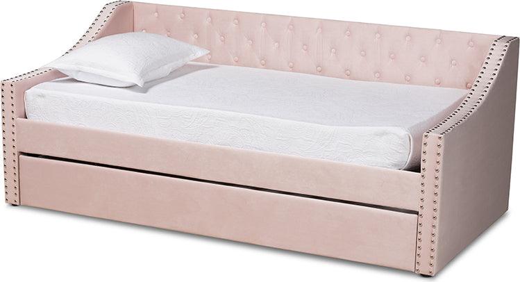 Wholesale Interiors Daybeds - Raphael Pink Velvet Fabric Upholstered Twin Size Daybed with Trundle