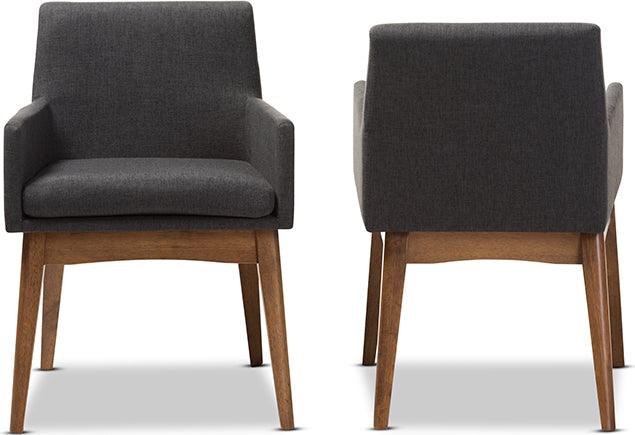 Wholesale Interiors Dining Chairs - Nexus Mid-Century Modern Walnut Wood Dark Grey Fabric Dining Armchair (Set of 2)