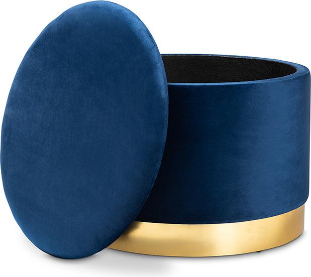 Wholesale Interiors Ottomans & Stools - Marisa Glam And Luxe Navy Blue Velvet Fabric Upholstered Gold Finished Storage Ottoman