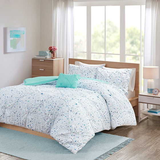 Olliix.com Duvet & Duvet Sets - Metallic Printed and Pintucked Duvet Cover Set Aqua blue Twin XL