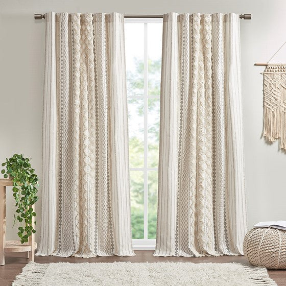 Olliix.com Curtains - Cotton Printed Curtain Panel with Chenille Stripe and Lining Ivory