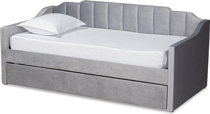 Wholesale Interiors Daybeds - Lennon Grey Velvet Fabric Upholstered Twin Size Daybed with Trundle