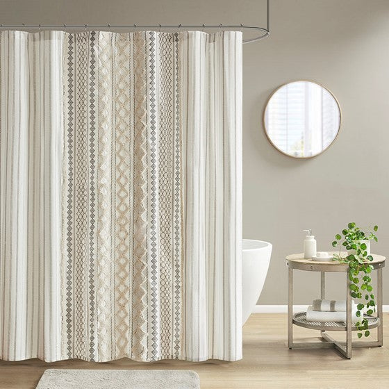 Olliix.com Shower Curtains - Cotton Printed Shower Curtain with Chenille Ivory