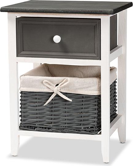 Wholesale Interiors Bedroom Organization - Shadell Transitional Two-Tone Grey and White Wood 1-Drawer Storage Unit with Basket