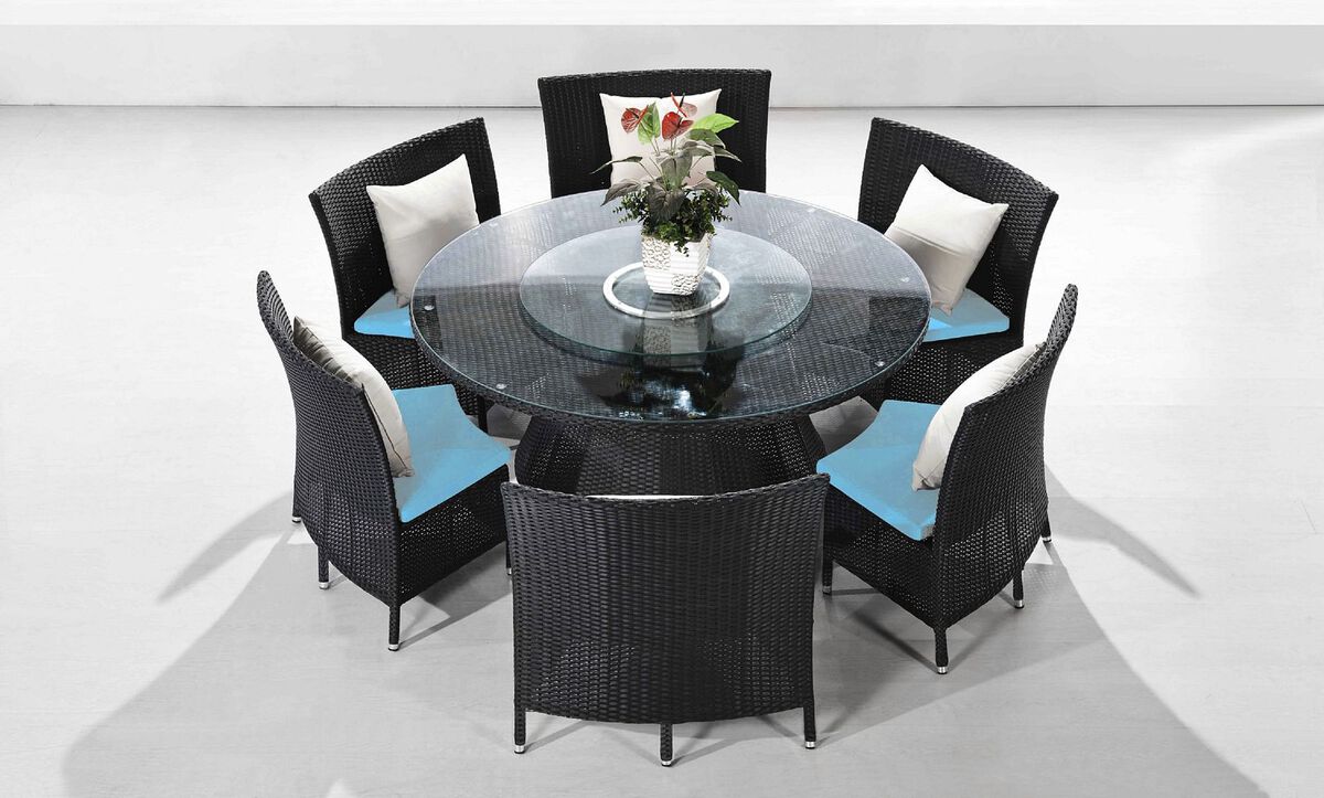 Manhattan Comfort Outdoor Dining Sets - Nightingdale Black 7-Piece Rattan Outdoor Dining Set with Sky Blue & White Cushions