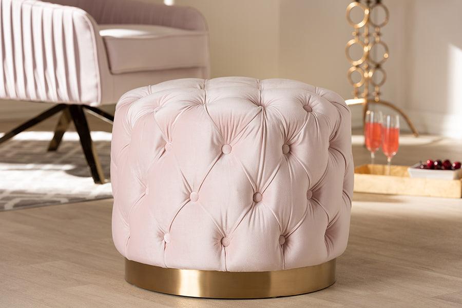 Wholesale Interiors Ottomans & Stools - Valeria Glam Light Pink Velvet Fabric Upholstered Gold-Finished Button Tufted Ottoman
