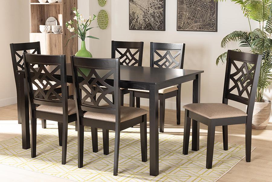 Wholesale Interiors Dining Sets - Nicolette Sand Fabric Upholstered and Dark Brown Finished Wood 7-Piece Dining Set