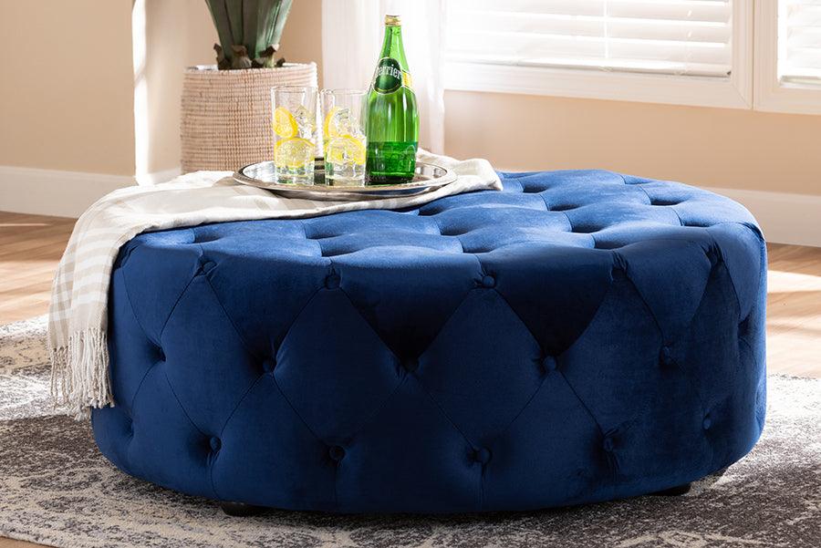 Wholesale Interiors Ottomans & Stools - Cardiff Transitional Royal Blue Velvet Fabric Upholstered Button Tufted Cocktail Ottoman