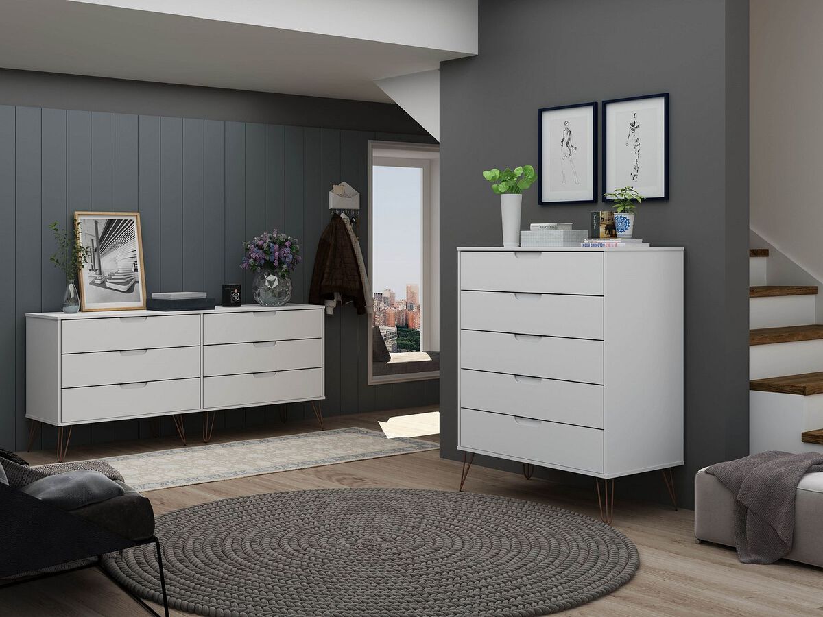 Manhattan Comfort Bedroom Sets - Rockefeller 5-Drawer & 6-Drawer White Dresser Set