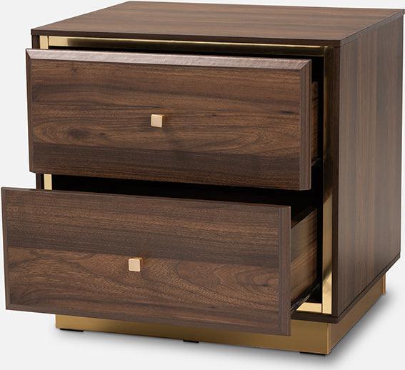 Wholesale Interiors Nightstands & Side Tables - Cormac Mid-Century Modern Transitional Brown Wood and Gold Metal 2-Drawer Nightstand