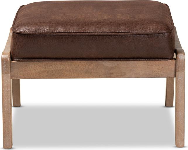 Wholesale Interiors Ottomans & Stools - Sigrid Mid-Century Modern Brown Faux Leather Effect Fabric and Wood Ottoman
