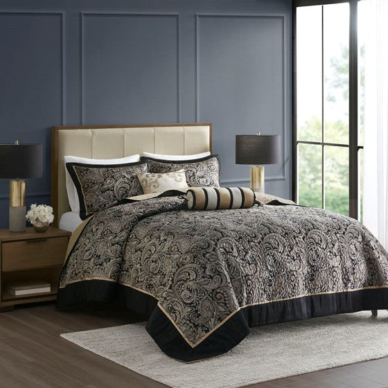Olliix.com Coverlet - 5 Piece Jacquard Bedspread Set with Throw Pillows Black Queen