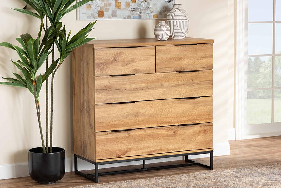 Wholesale Interiors Chest of Drawers - Franklin Oak Finished Wood and Black Finished Metal 5-Drawer Bedroom Chest