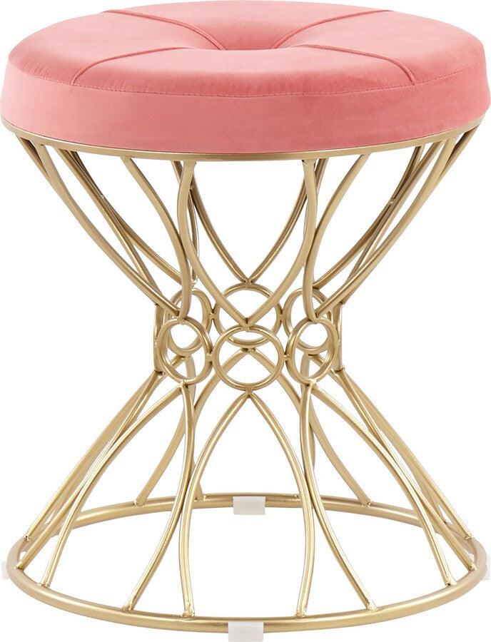 Lumisource Bedroom Vanity - Jasmine Contemporary Vanity Stool in Gold Metal and Pink Velvet