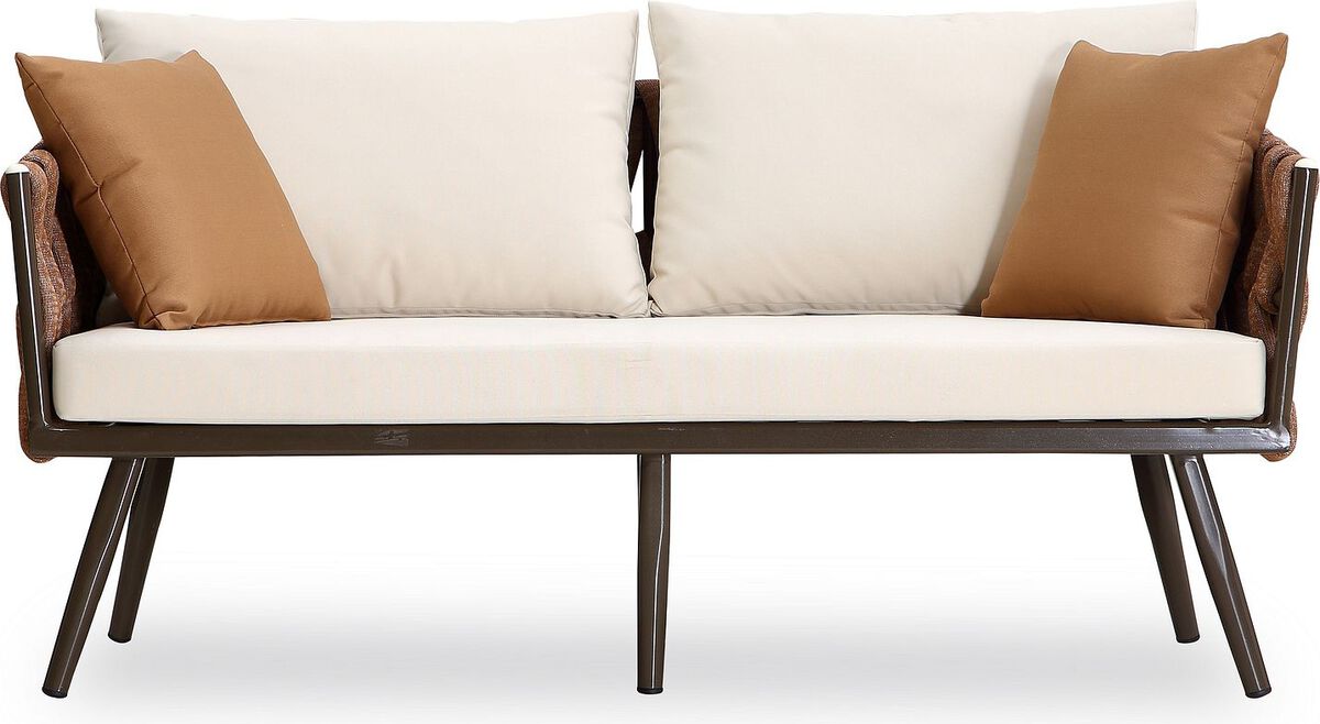 Manhattan Comfort Outdoor Sofas - Crown 4-Piece Metal Patio Conversation Set with Brown and White Cushions
