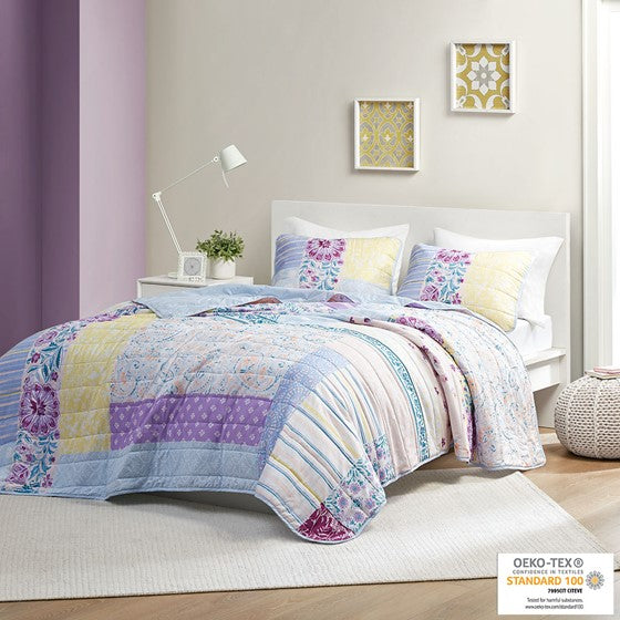 Olliix.com Coverlet - Patchwork Printed Cotton Reversible Coverlet Set Blue/Purple Twin XL