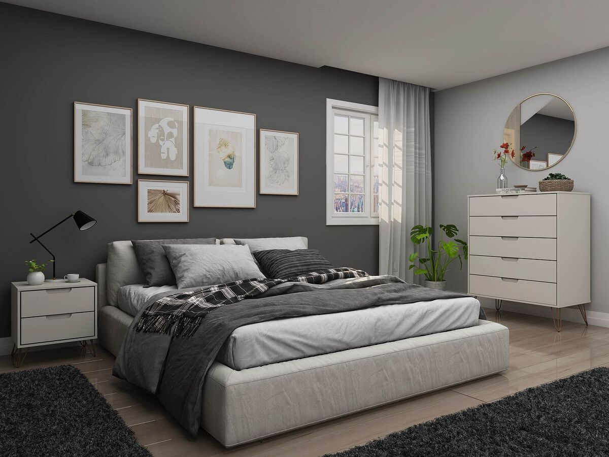 Manhattan Comfort Bedroom Sets - Rockefeller Tall 5 Dresser and 2 Drawer Nightstand Off White & Nature
