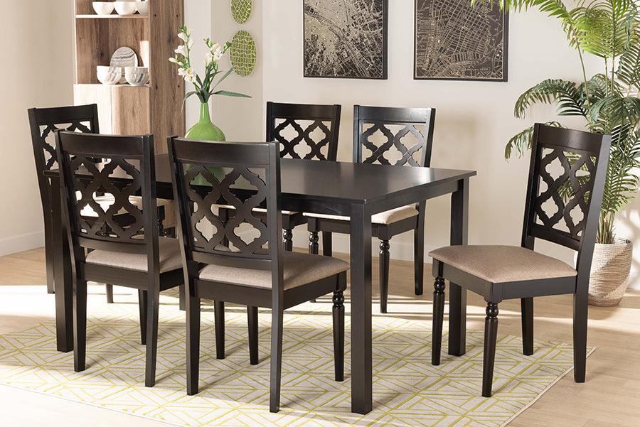 Wholesale Interiors Dining Sets - Ramiro Sand Fabric Upholstered and Dark Brown Finished Wood 7-Piece Dining Set