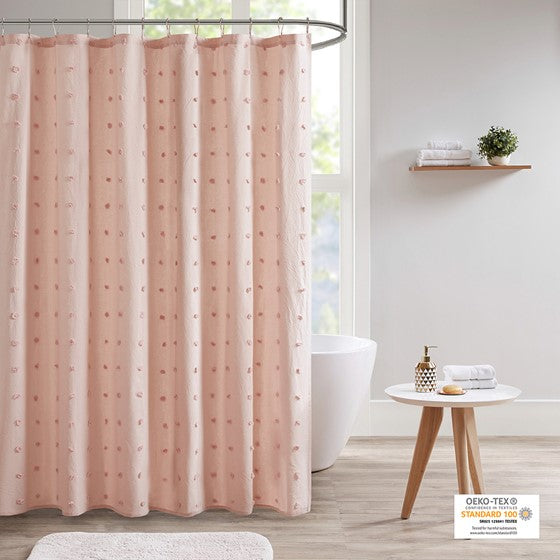 Olliix.com Shower Curtains - Brooklyn Cotton Jacquard Pom Pom Shower Curtain Pink