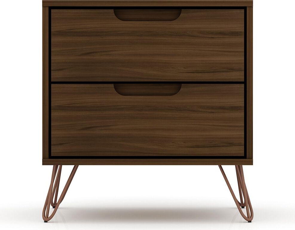 Manhattan Comfort Nightstands & Side Tables - Rockefeller 2.0 Mid-Century- Modern Nightstand with 2-Drawer in Brown
