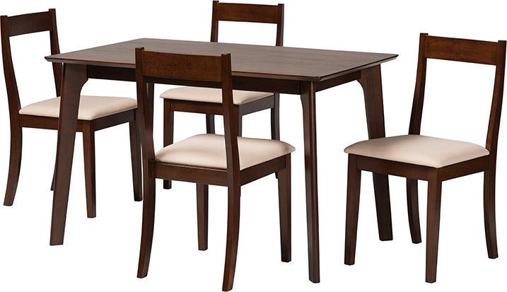 Wholesale Interiors Dining Sets - Carola Mid-Century Modern Cream Fabric And Dark Brown Finished Wood 5-Piece Dining Set
