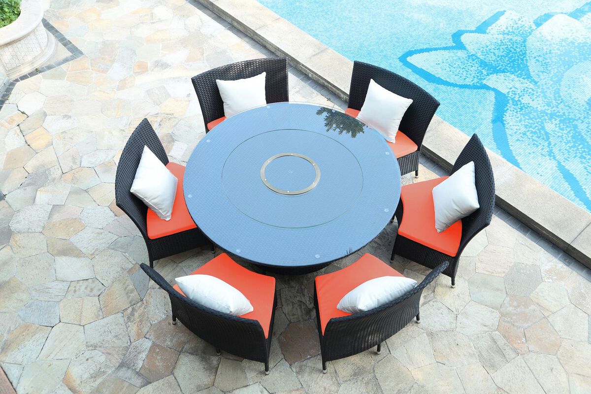 Manhattan Comfort Outdoor Dining Sets - Nightingdale Black 7-Piece Rattan Outdoor Dining Set with Orange and White Cushions