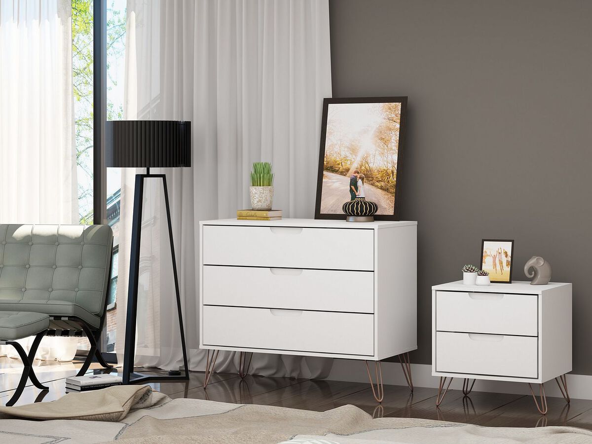 Manhattan Comfort Bedroom Sets - Rockefeller Mic Century- Modern Dresser & Nightstand with Drawers- Set of 2 in Off White & Nature