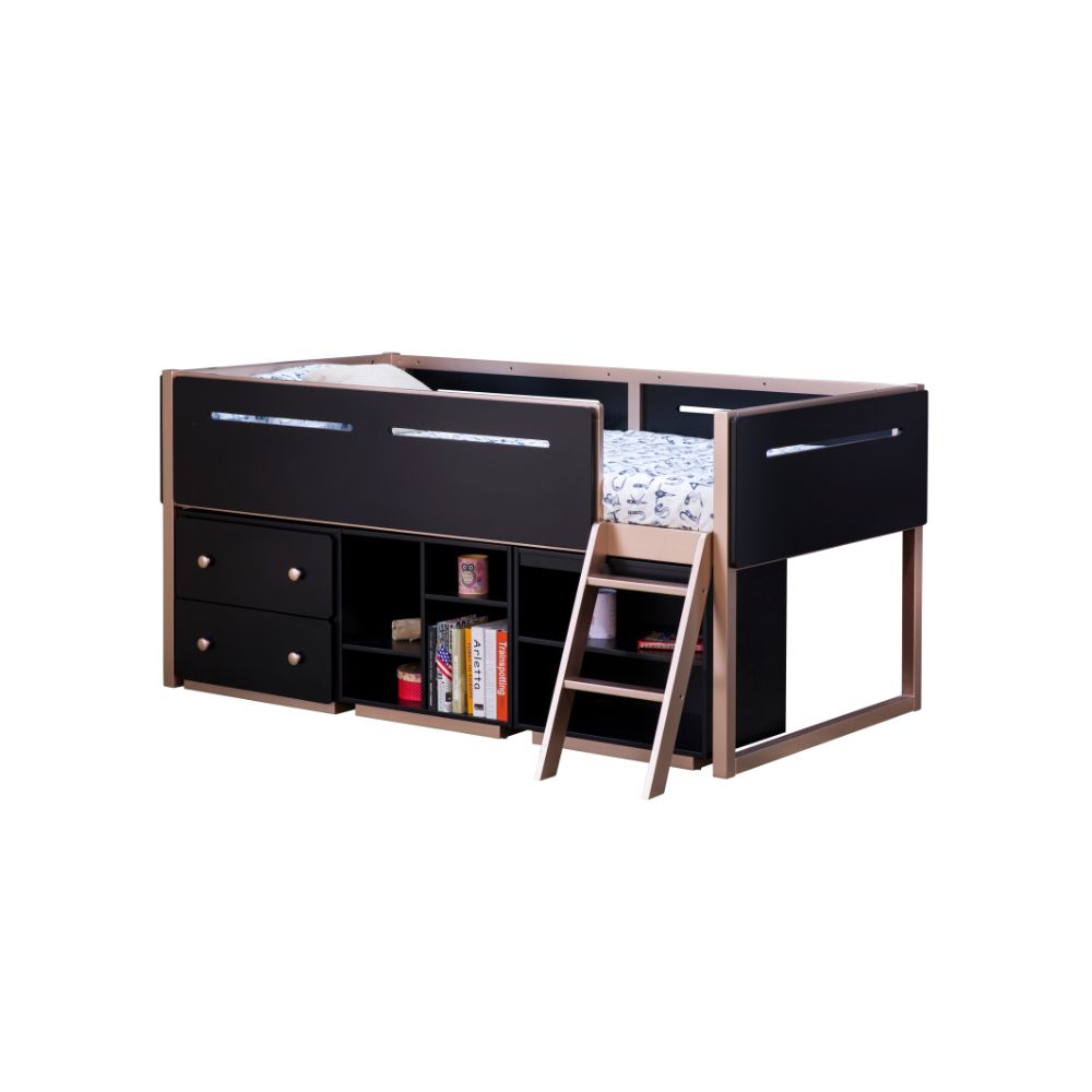 ACME Bookcases & Display Units - ACME Prescott Bookshelf (4 Compartments), Black & Rose-Gold