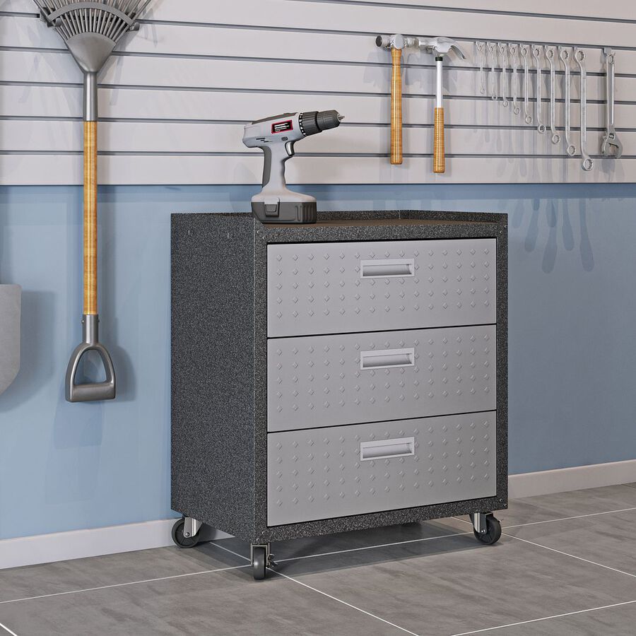 Manhattan Comfort Buffets & Cabinets - Fortress Textured Metal 31.5" Garage Mobile Chest with 3 Full Extension Drawers in Gray