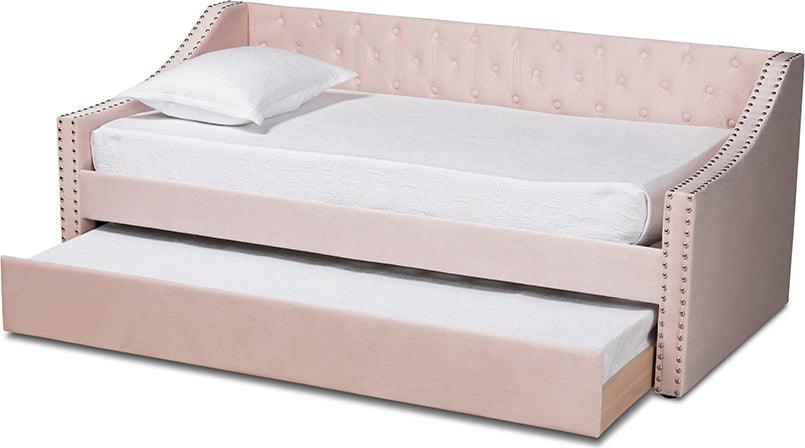 Wholesale Interiors Daybeds - Raphael Pink Velvet Fabric Upholstered Twin Size Daybed with Trundle